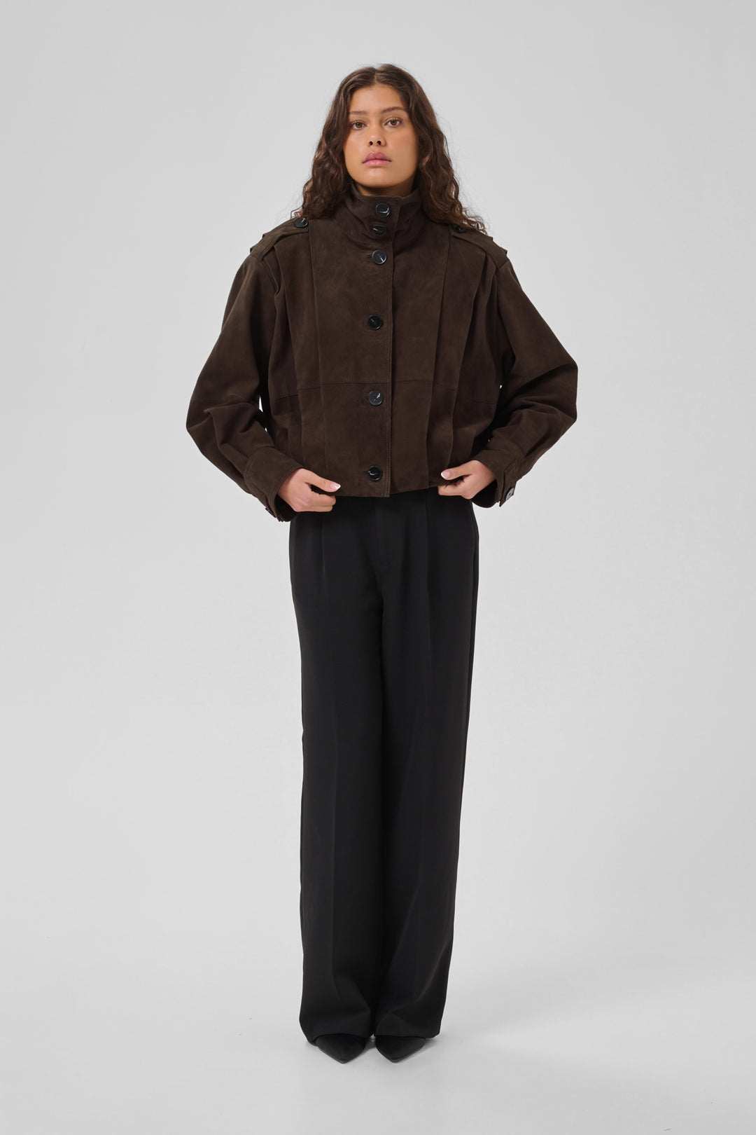 Petra suede pleat jacket dark brown