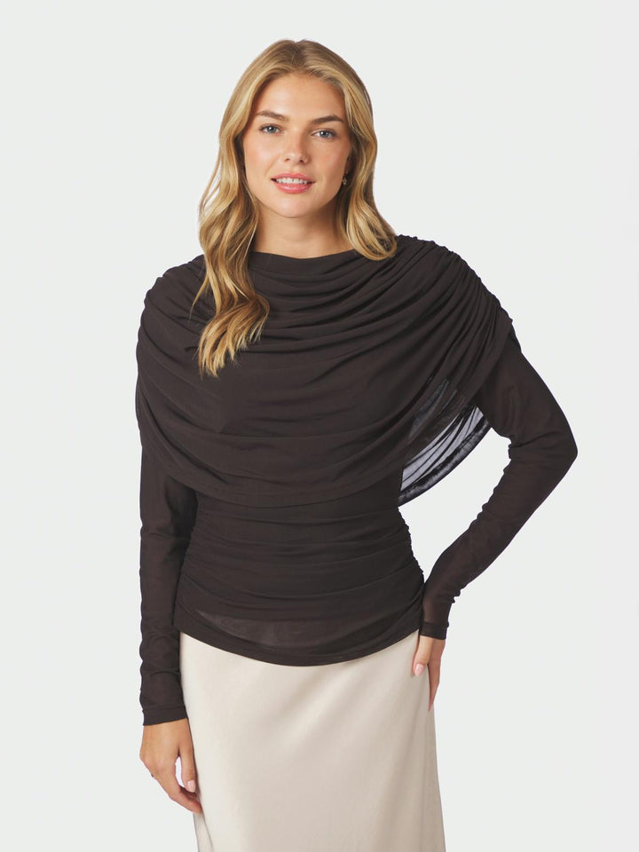 Lottuna drapy mesh blouse dark brown
