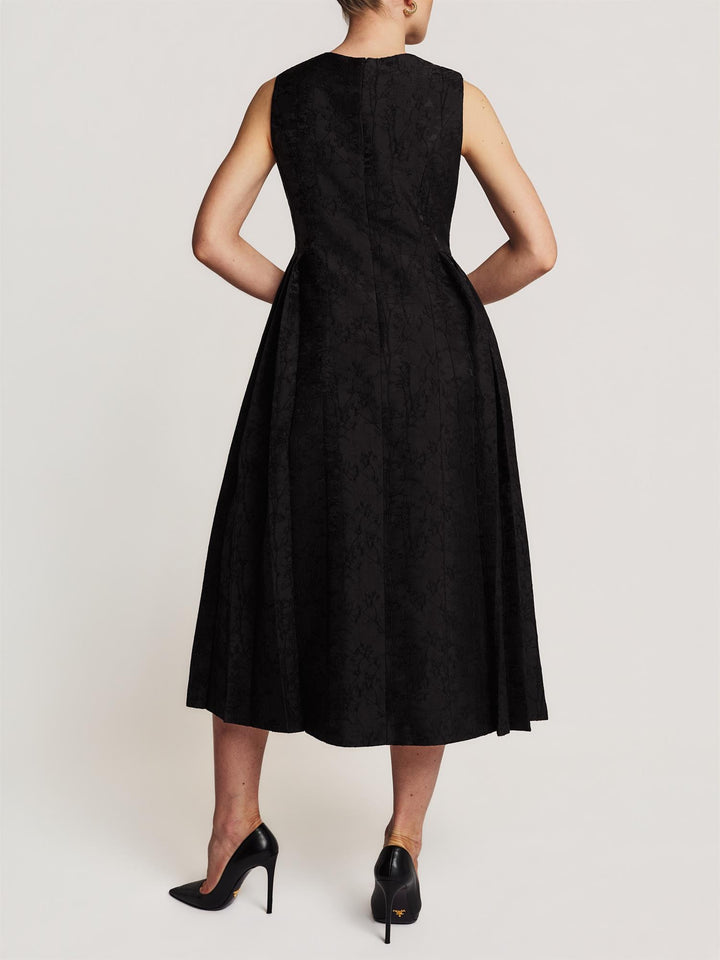 Brocade pleated midi dress black