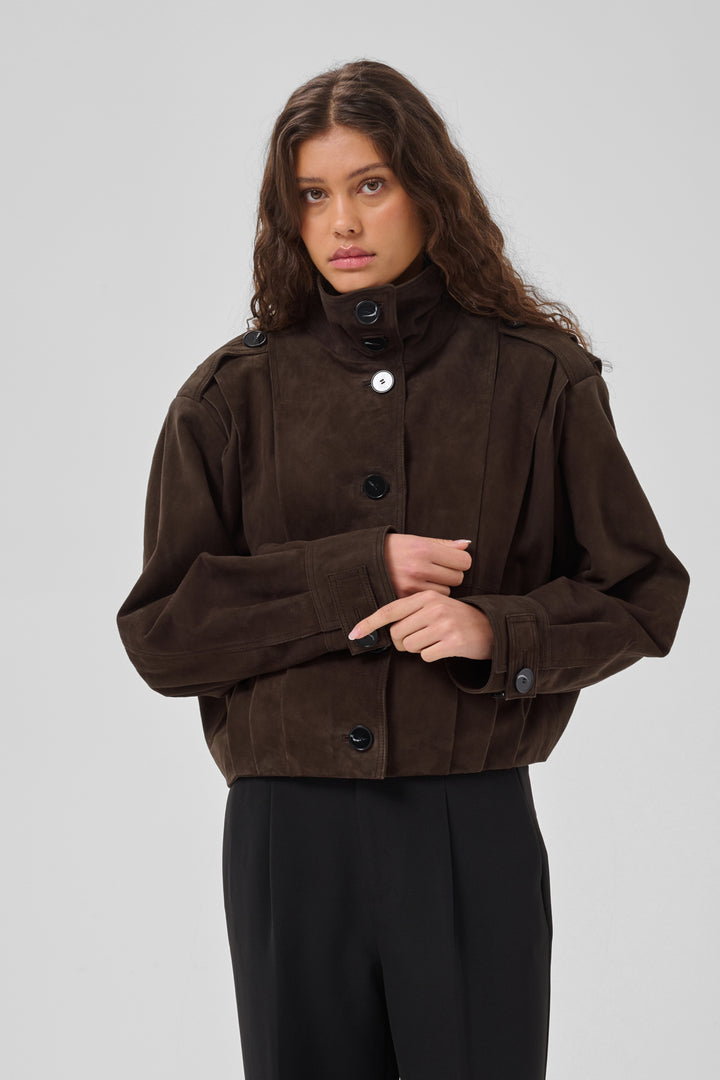 Petra suede pleat jacket dark brown