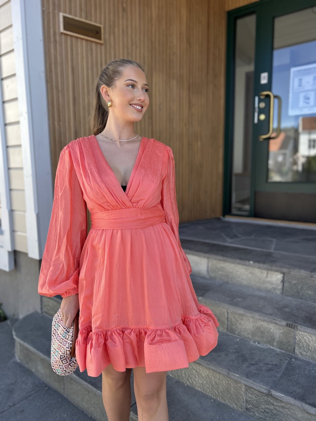 Jadie V-neck Mini kjole, coral