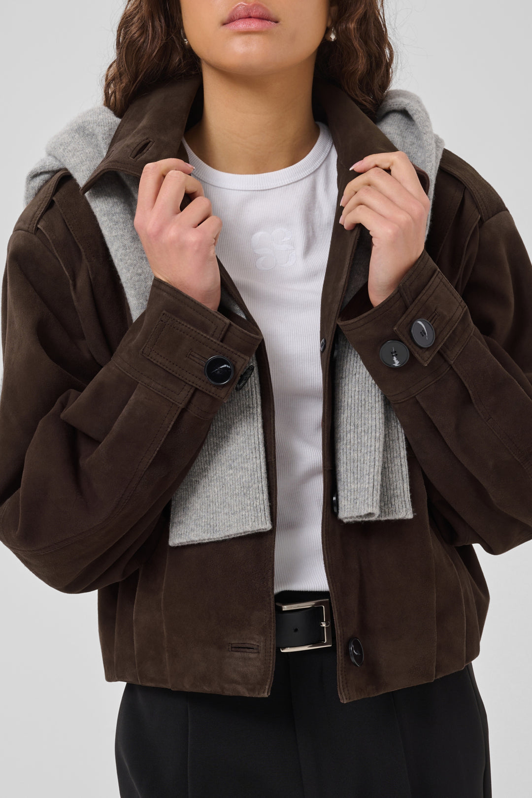 Petra suede pleat jacket dark brown
