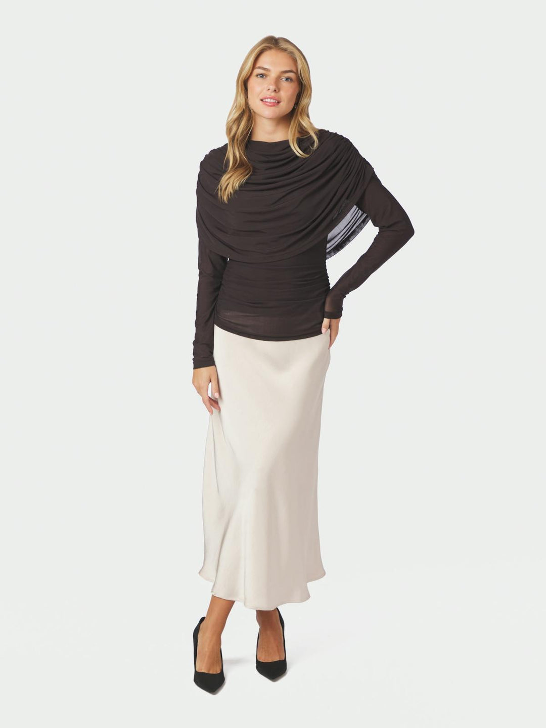 Lottuna drapy mesh blouse dark brown