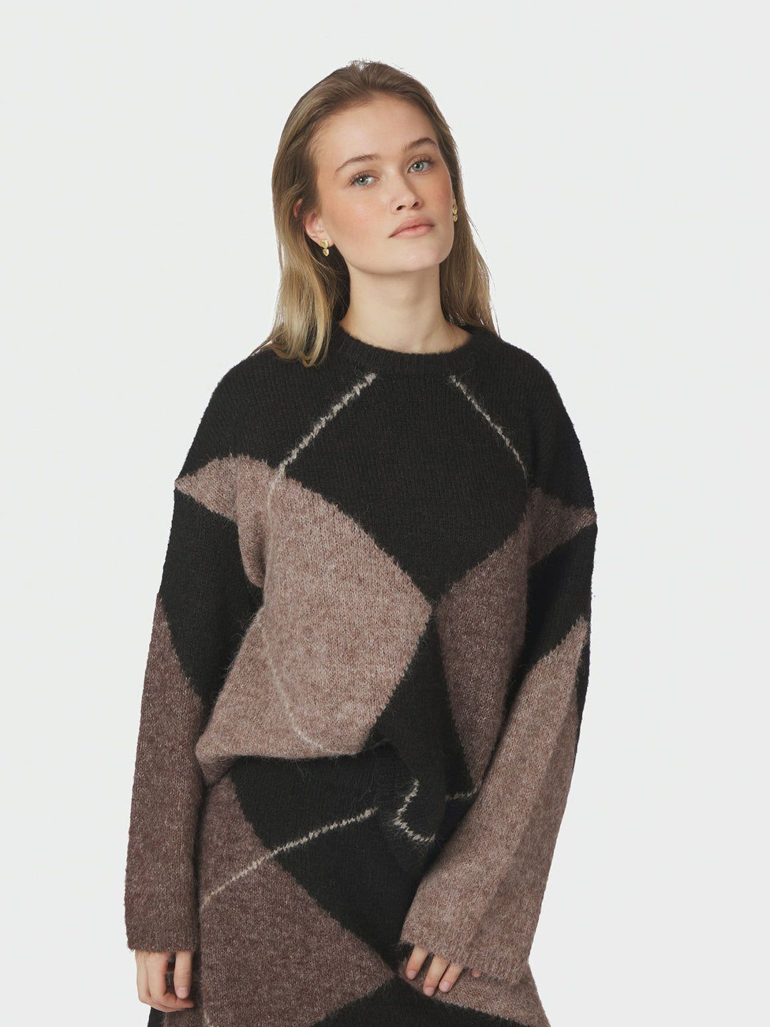 Inga check fluff knit blouse dark brown