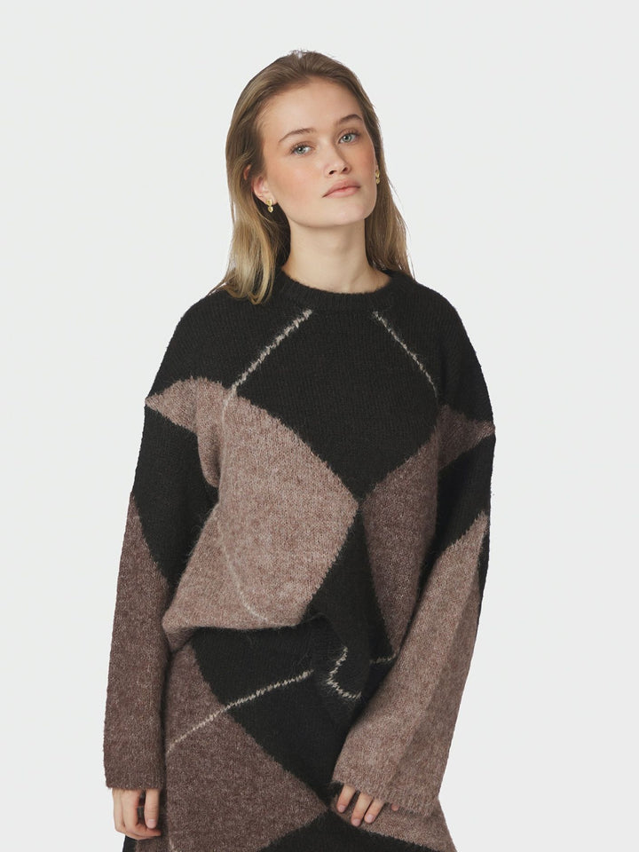 Inga check fluff knit blouse dark brown