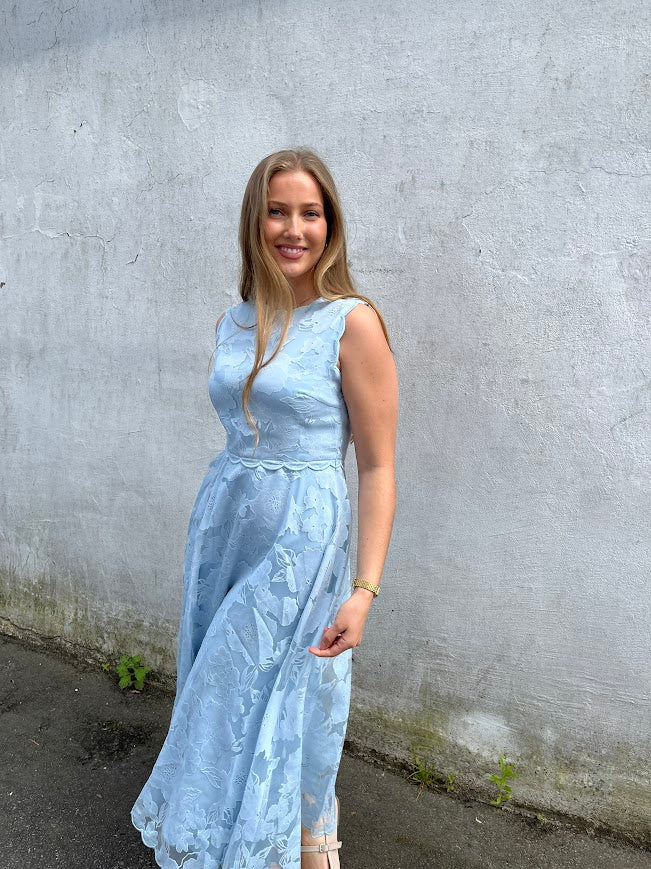 Elin round neck lace midi dress sky