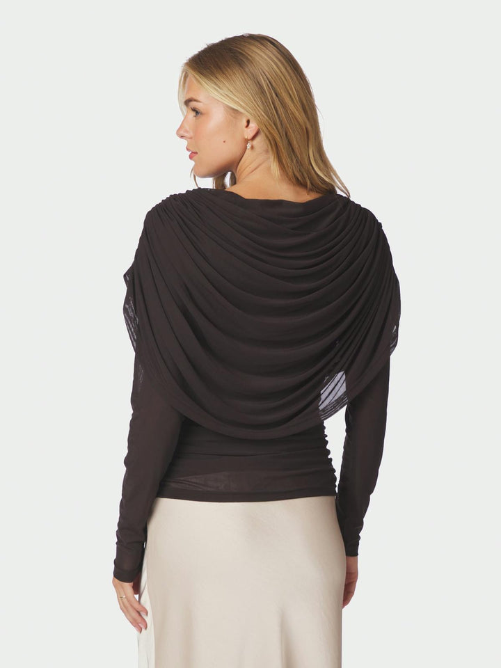 Lottuna drapy mesh blouse dark brown