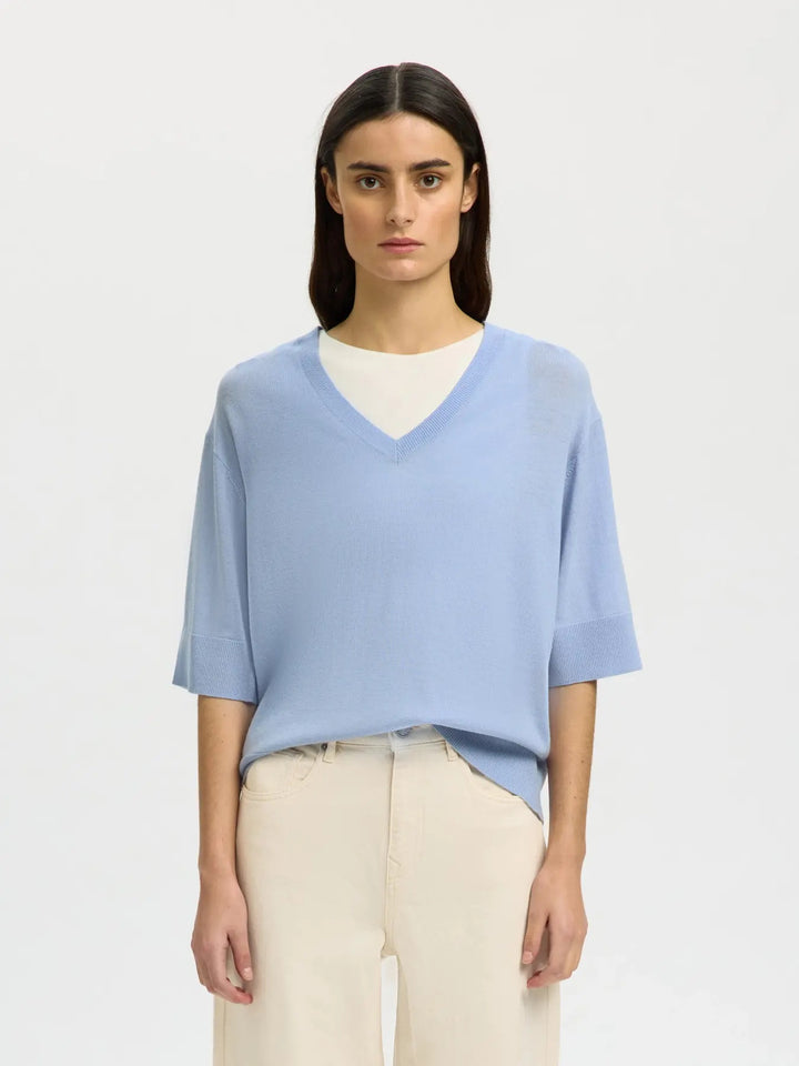 Thea SS Knit Merino V-neck