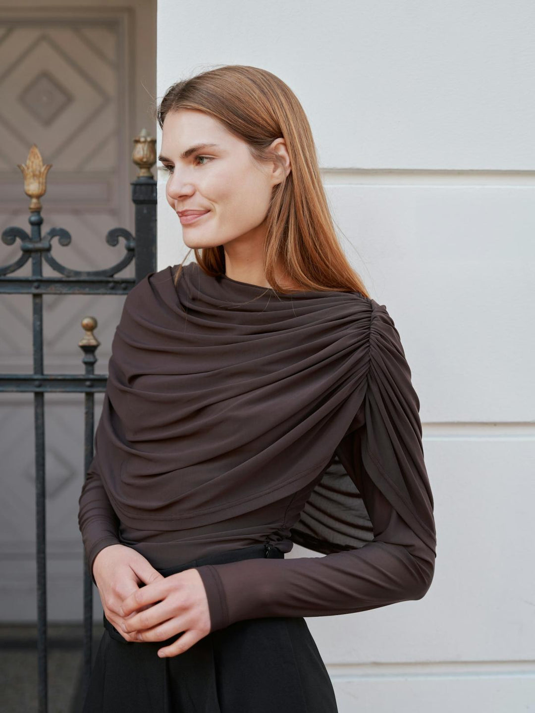 Lottuna drapy mesh blouse dark brown